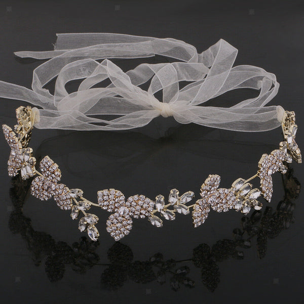 Gorgeous Ladies Girls Leaf Crystal Hair Band with Ribbon Headwear