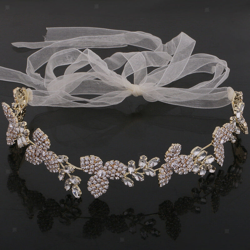 Gorgeous Ladies Girls Leaf Crystal Hair Band with Ribbon Headwear