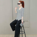 Fashion V-neck Striped Women Long Sleeves Blouse Cross Irregular Tops (XL)