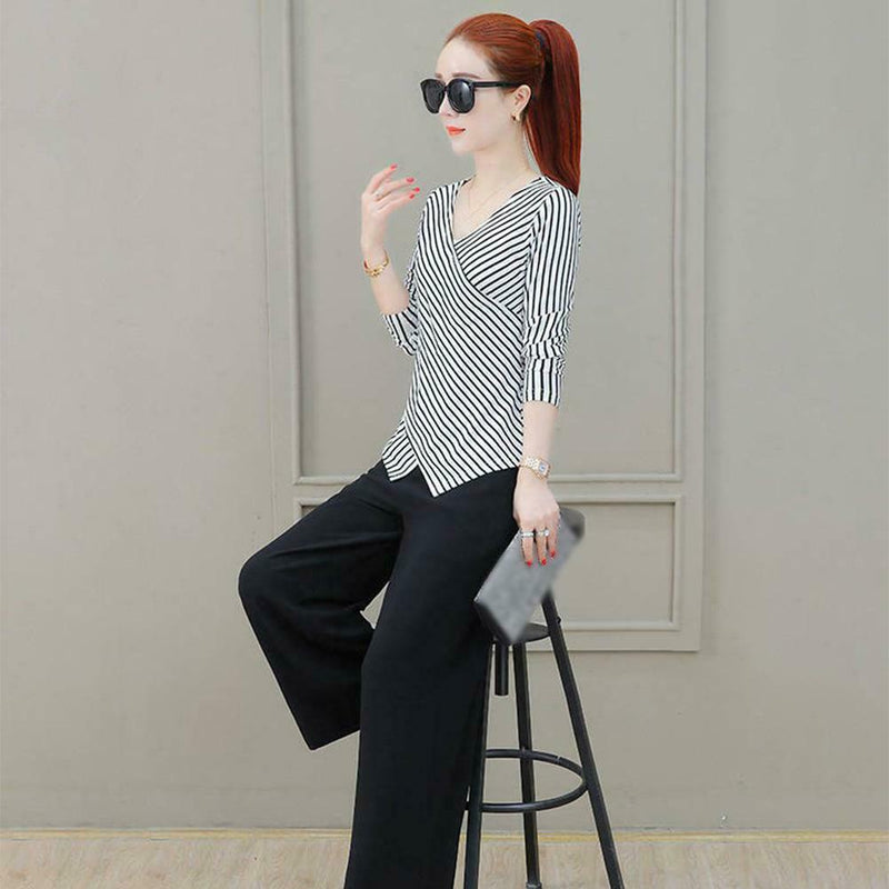 Fashion V-neck Striped Women Long Sleeves Blouse Cross Irregular Tops (XL)