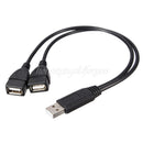 USB 2.0 A Male To 2 USB Female Jack Splitter Adapter Cable Power Cords Black