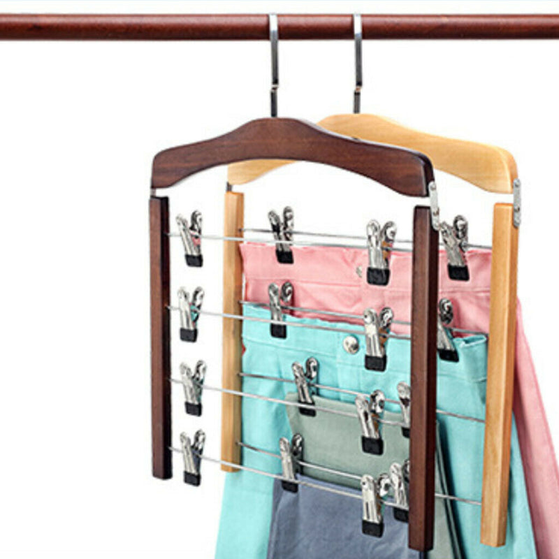 2PCS WOODEN 4 LAYER PANTS HANGER CLOSET SKIRT JEANS SLACK HANGERS STORAGE RACKS