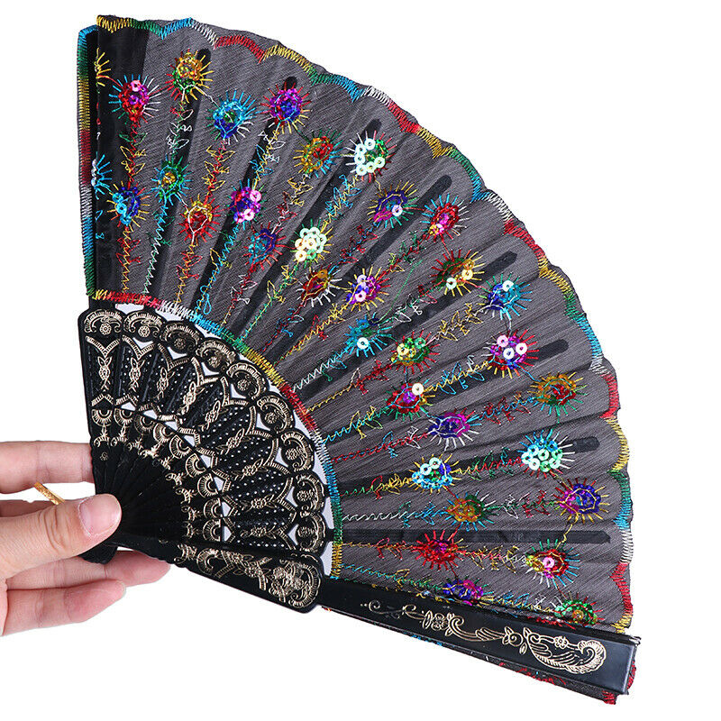 Rainbow color Christmas Dance Fan Peacock Pattern Folding Embroidered Gift fa lj