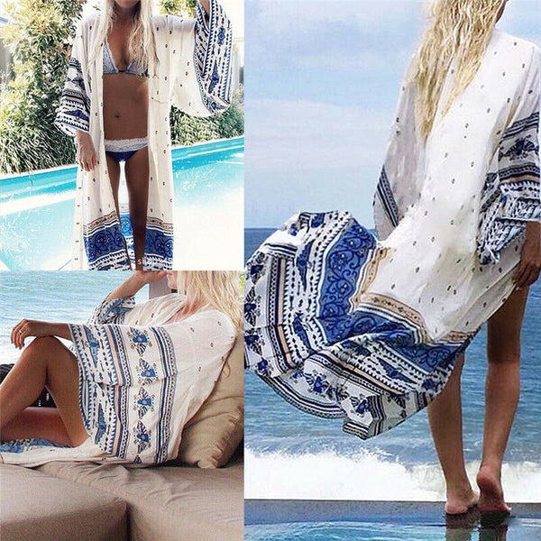 Women Summer Chiffon Bikini Cover Up Swimwear Bathing Suit Beach Dress Long 2 Kw