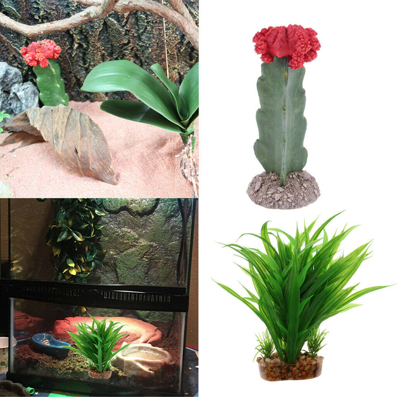 Set of 2, Plastic Terrarium Bamboo Leaf & Cactus Plant Animals Habitat for