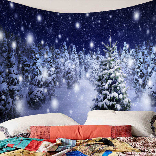 Christmas Tree Snowy Sky Wall Art Hanging Tapestry Dorm Bedspread Decor E
