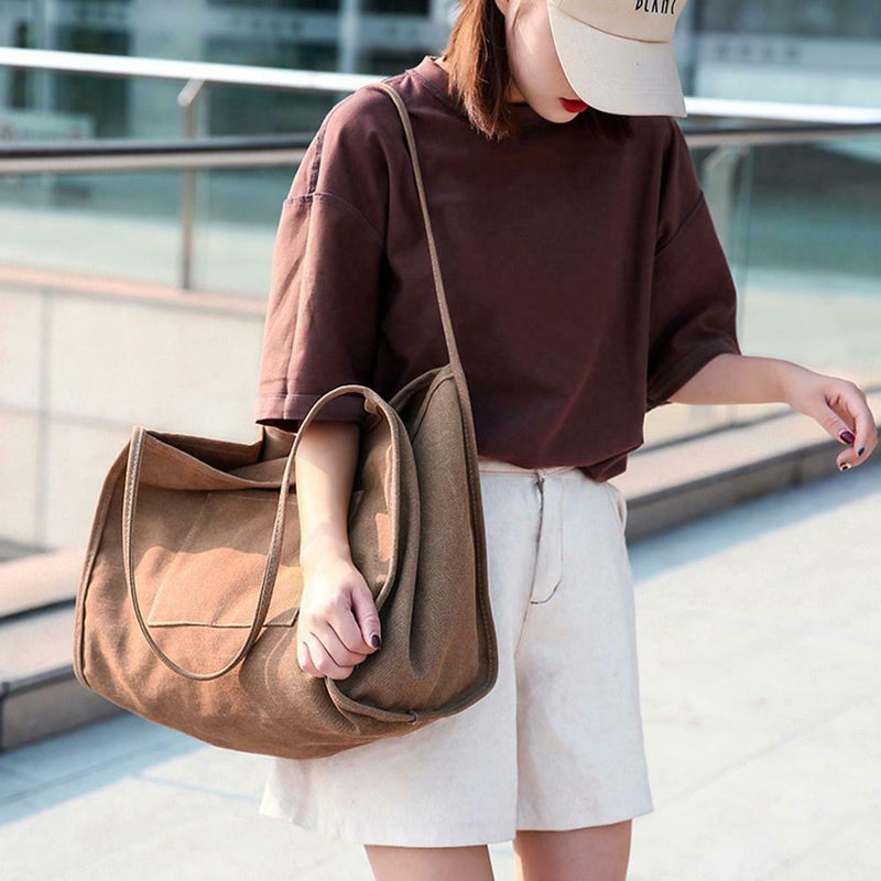 Solid Color Shoulder Handbags Canvas Women Large Top-handle Bags (Coffee)