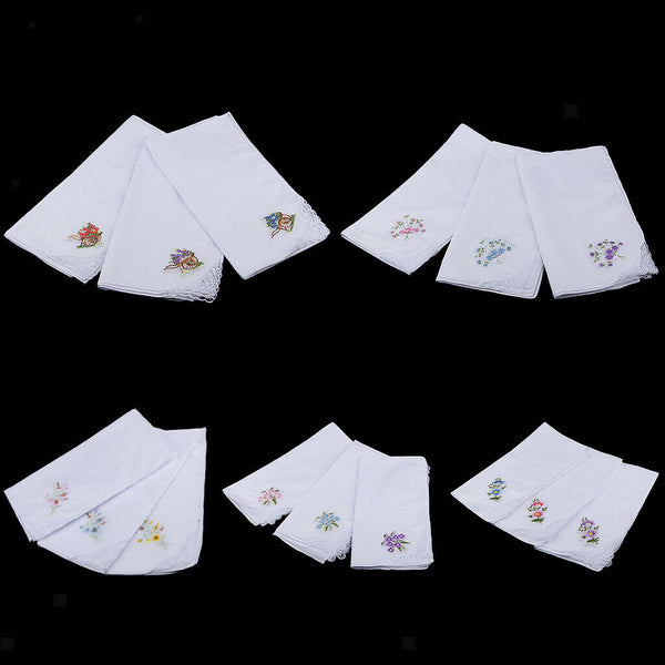 12pack Women 100% Cotton Handkerchief Embroidery Lace Hanky Kerchiefs White