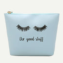 Women Travel Cosmetic Clutch Bag Leather Letter Print Makeup Pouch (Blue) A