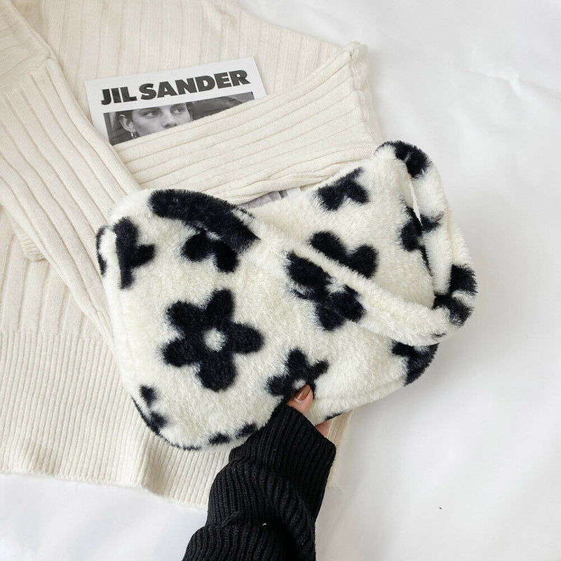 Female Plush Soft Fluffy Handbag Flower Printed Shoulder Bag Street Travel Purse