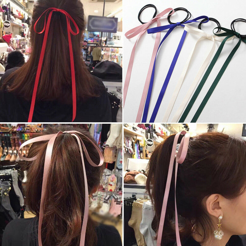 2Pcs Women Girls Hair Bow Silk ribbon Long streamers hair Rope Beach hair rin Gw