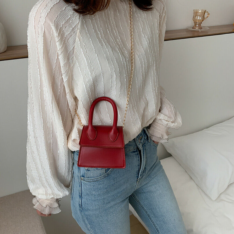 Women Leather Mini Shoulder Bags Pure Flap Chain Messenger Pouch (Red) A