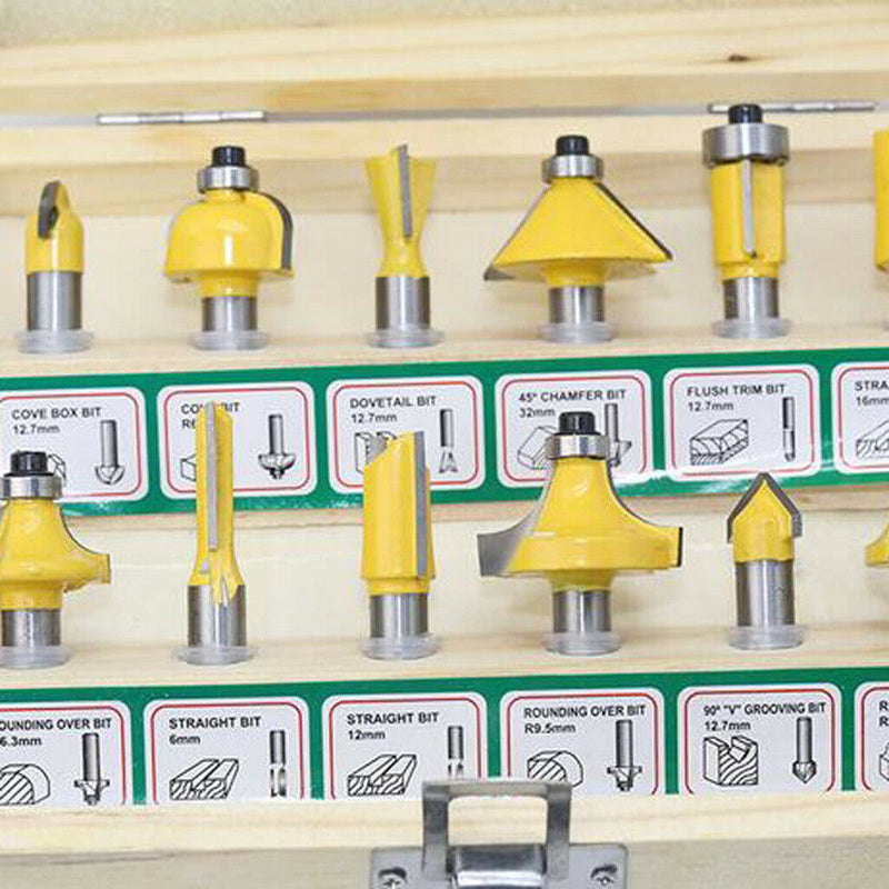 12Pcs Professional Shank Tungsten Carbide Router Bit Cutter w/ Wooden Case