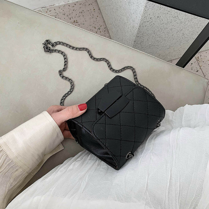 Women PU Leather Messenger Bag Chain Small Shoulder Satchel Bags (Black)