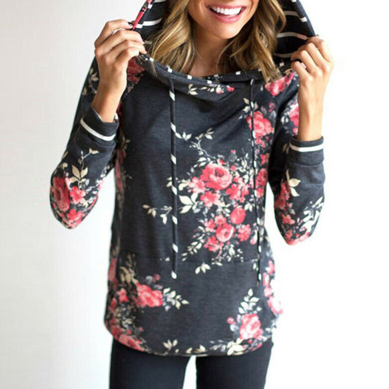 Womens Dark Gray Pullover Long Sleeve Floral Hoodies Coat Sweatshirt W/ Pocket