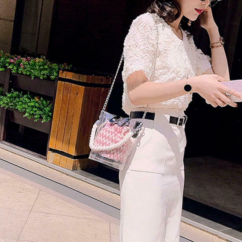 Women PVC Chain Handbag Clear Rivet Beach Shoulder Messenger Bucket Bag/Red