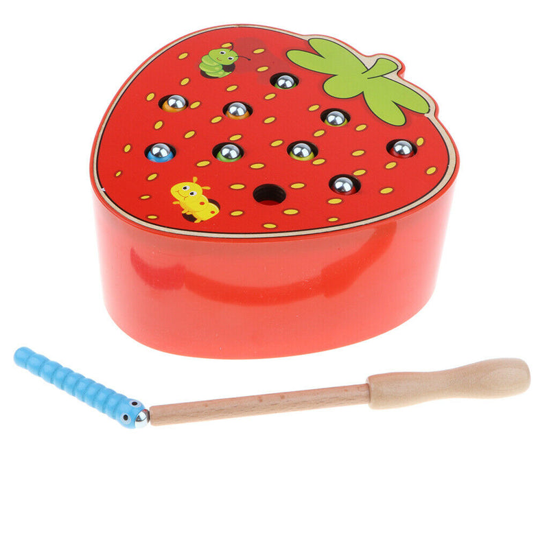 Wooden Fishing Game Set, with Strawberry Base, Rod and Caterpillar Worms, Magnet