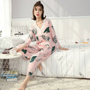 Women Autumn V-neck print 2-pcs Pajama Sets Floral Long Sleeve Sleep Wear C Y9M2