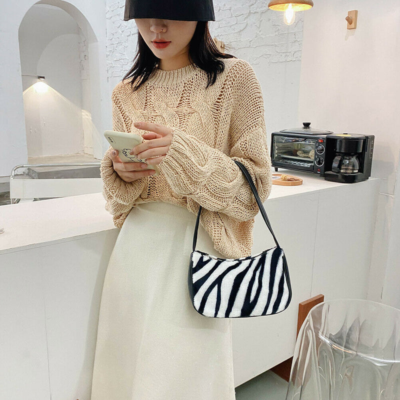 Women Plush Shoulder Underarm Bag Zebra Printed Fashion Winter Handbag (3)