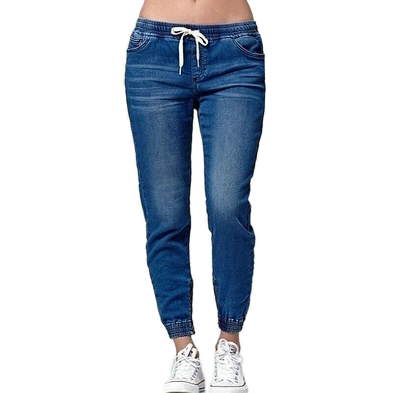 Women Casual Jogger Pants Drawstring Elastic Waisted Jeans Solid Ladies Den V1F6