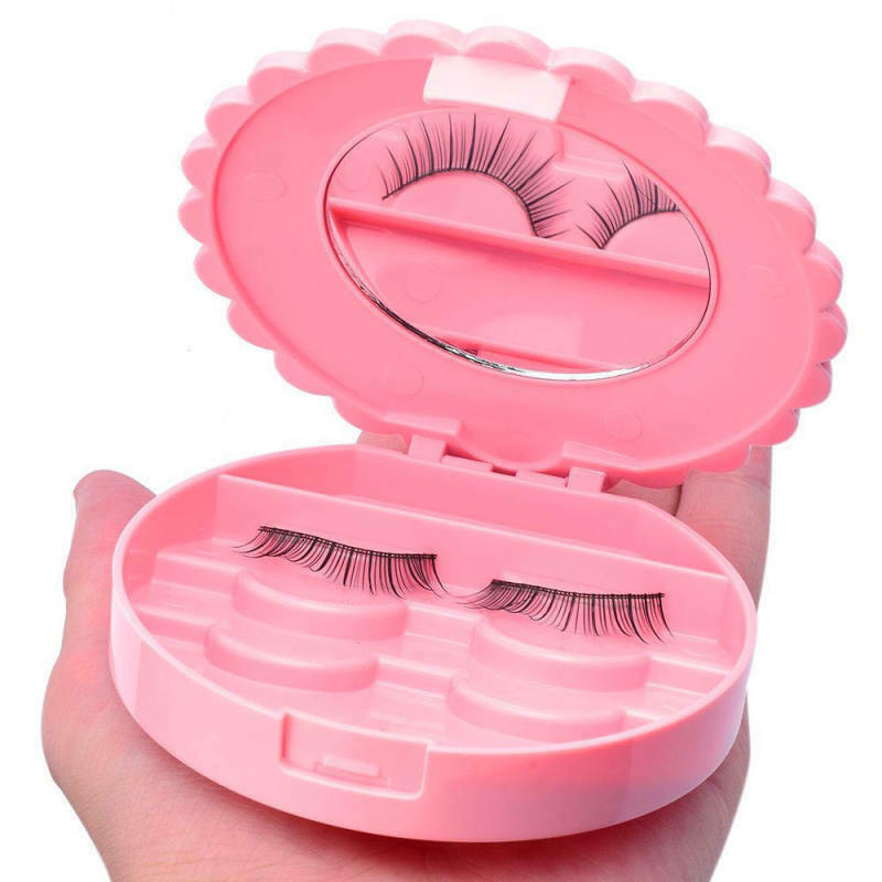 Cute Pink Plastic Bowknot False Eyelashes Storage Box Makeup Case Mirr HKE