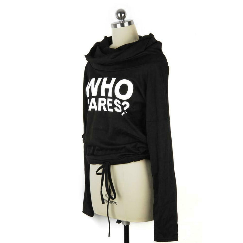 Autumn Pile Collar Letter Print Pullover Women Long Sleeve Tops (Black M)