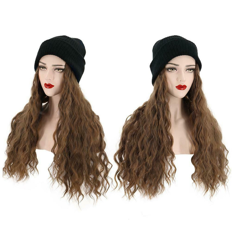 Women Synthetic Wig Beanie Wool Hat Fashion Wig Hair Extensions Brown Attached