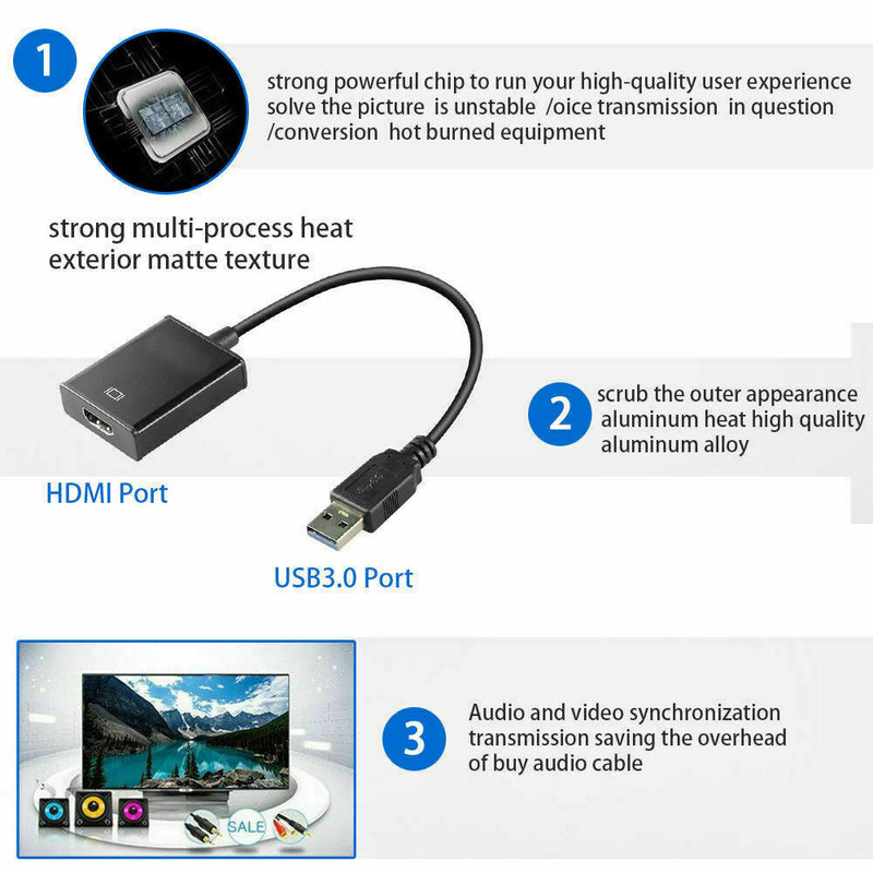 1080P USB 3.0 To HDMI Audio Video Adaptor Converter Cable For PC Windows 7/8/10