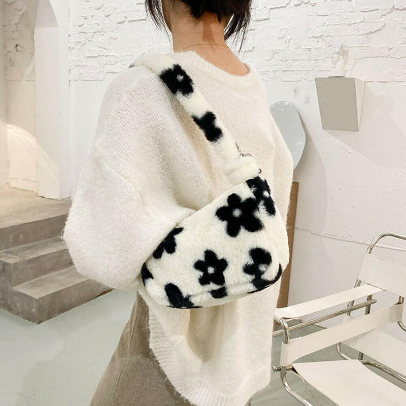 Women Fluffy Shoulder Bag Solid Plush Handbags Female Winter Totes (Flower)