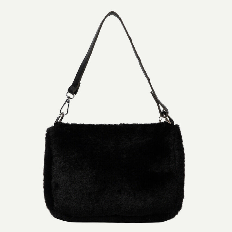 Plush Underarm Pack Shoulder Messenger Bag Women Soft Fluffy Totes (Black)