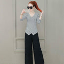 Fashion V-neck Striped Women Long Sleeves Blouse Cross Irregular Tops (XL)