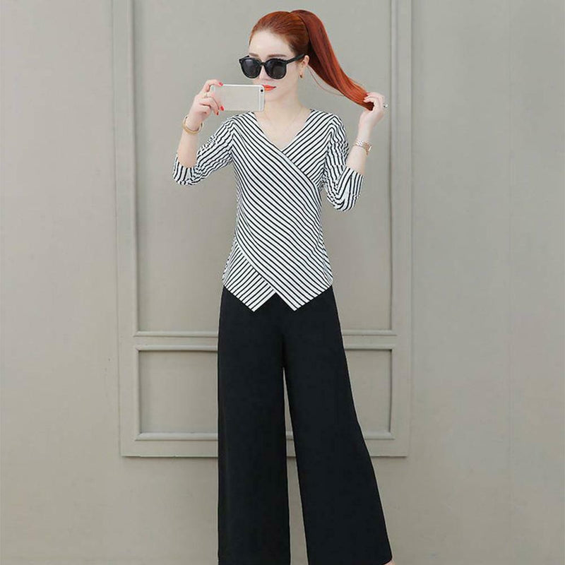 Fashion V-neck Striped Women Long Sleeves Blouse Cross Irregular Tops (XL)