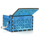 Retro Wood Hand Cranked Music Box Blue Carved Kids Birthday Gift Home Decor