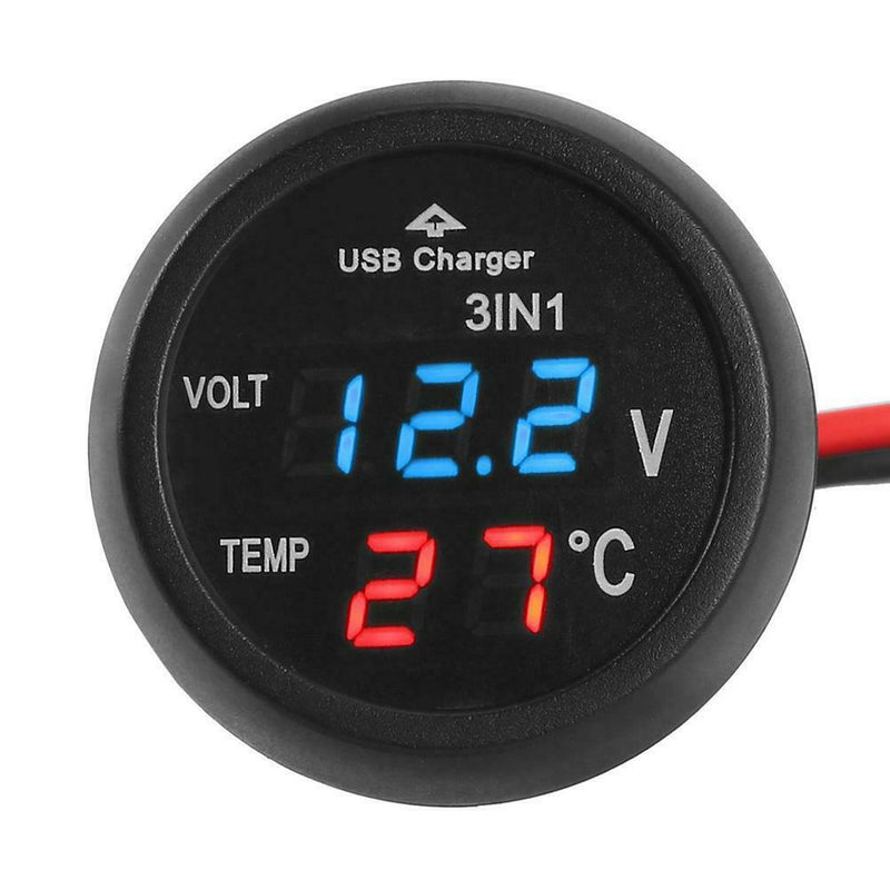3 in 1 12/24V Car LED Digital Voltmeter Gauge+Thermometer+USB Charger(Blue)