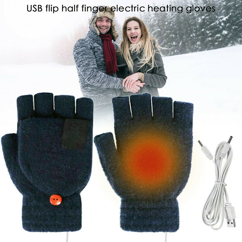 Winter USB Rechargeable Electric Heated Mitten Knitted Gloves Half Finger Cable