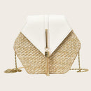 Hex-shape Straw+PU Shoulder Handbags Beach Women Top-handle Bags (White) SN9F