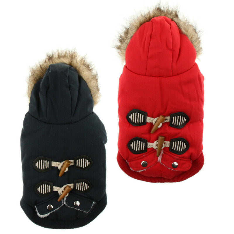 Autumn Winter Pet Dog Horn Buckle Hooded Pocket Thick Warm Coat Red