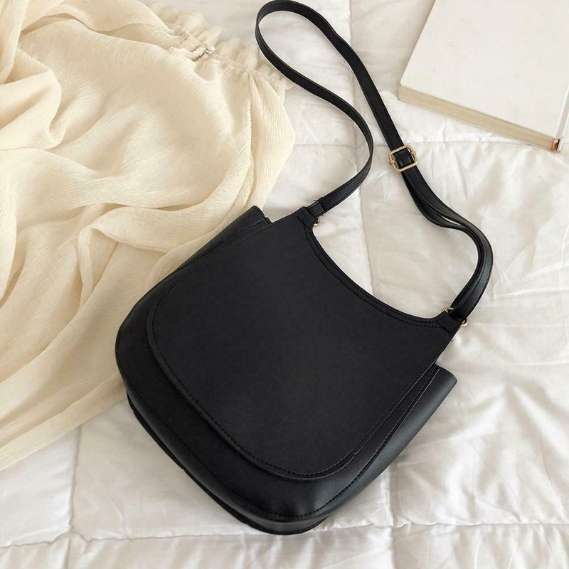 Solid Color Shoulder Handbags Leather Women Big Flap Crossbody Bags (Black)