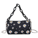 Daisy Flower Handbag Beach Women Canvas Chain Shoulder Bucket Bag (Black)