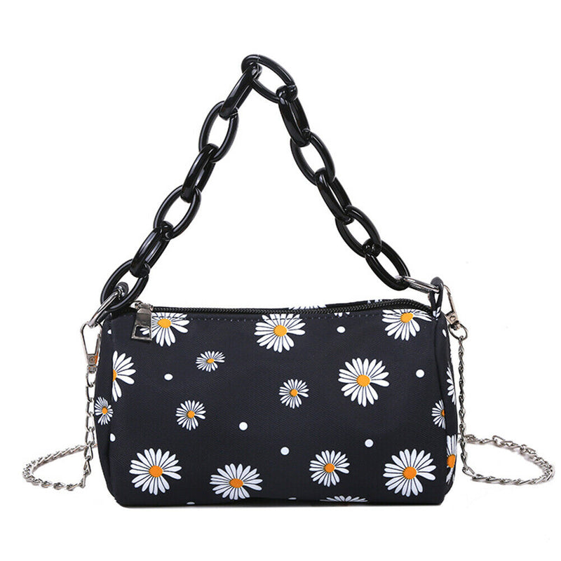 Daisy Flower Handbag Beach Women Canvas Chain Shoulder Bucket Bag (Black)