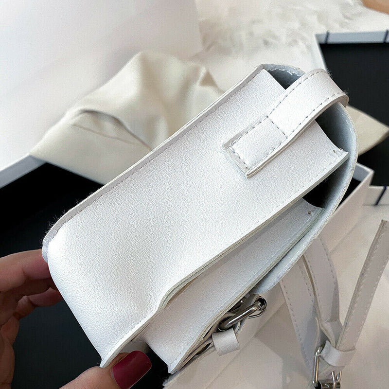 Hit Color Women Crossbody Bag Belt Buckle PU Mini Shoulder Pouch (White)