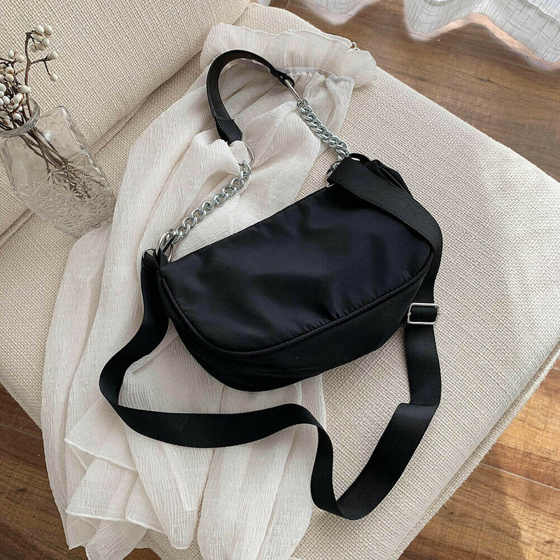 Nylon Women Shoulder Handbags Solid Ladies Travel Messenger Bags (Black)