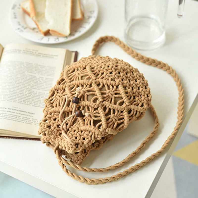 Woven Shoulder Drawstring Bucket Handbags Women Crossbody Bag (Light Brown)