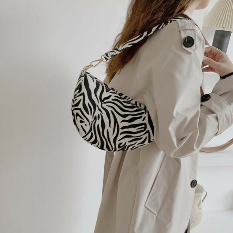 Women Leopard Pattern Shoulder Handbag Purse Portable Zipper Curved Underarm Bag