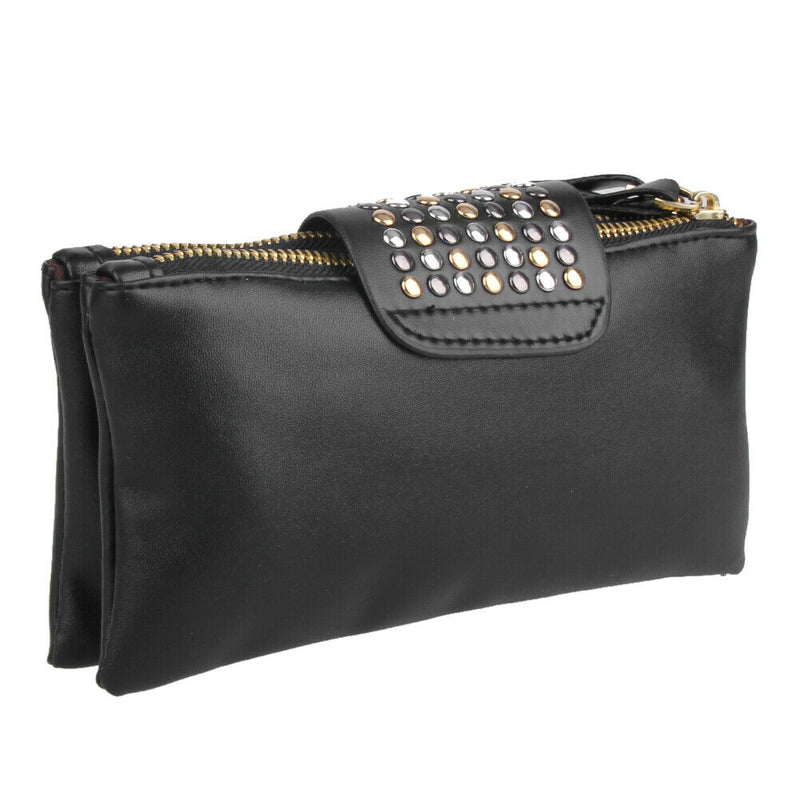 Women PU Leather Fashion Black Rivet Handbag Clutch Bag Zipper Long Wallet