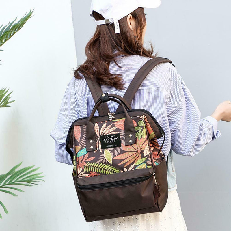 Tropical Plant Print Travel Backpacks Nylon Women School Bags (Dark Brown)