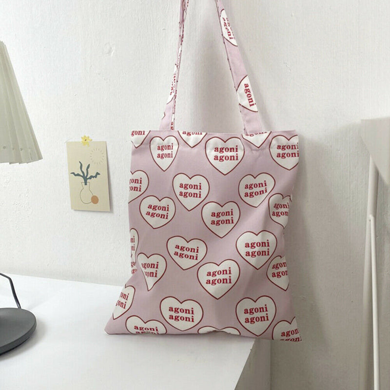Women Canvas Handbags Tote Heart Letter Reusable Portable Shopping Shoulder Bag