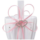 Double Heart Wedding Flower Girl Basket White Satin Rhinestone Decor Pink W