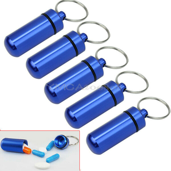 Durable 5pcs Waterproof Aluminum Medicine Pill Box Holder Keyring Container