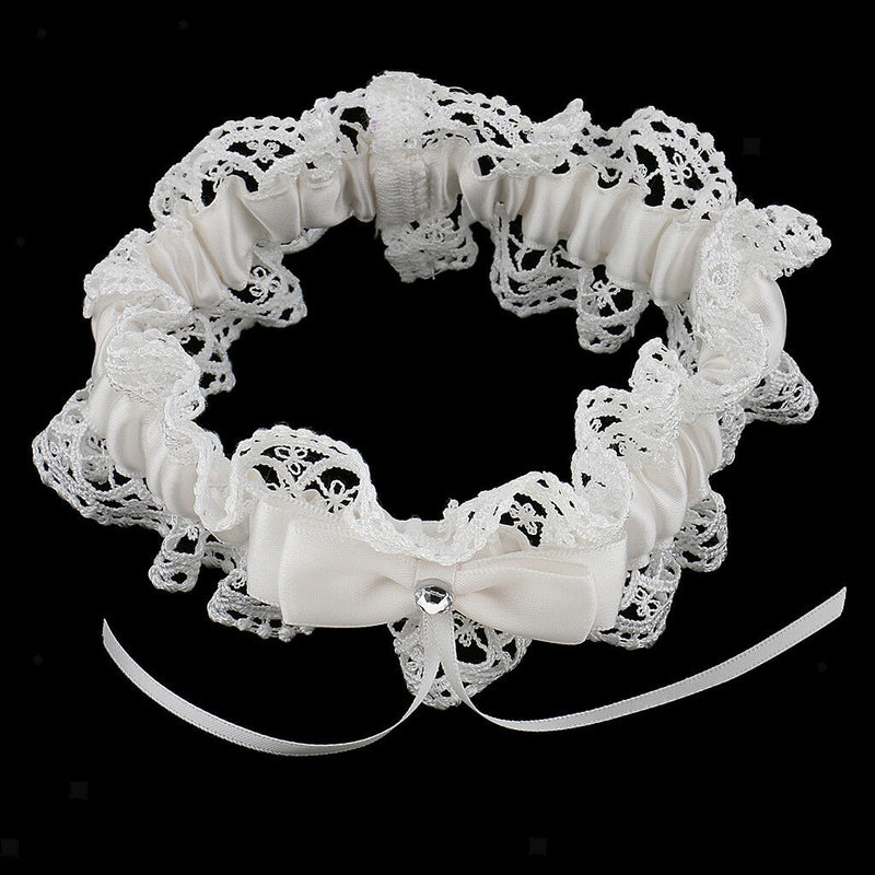 Wedding Celebration Bride Keepsake Beige Lace Crystal Bowknot Bridal Garter